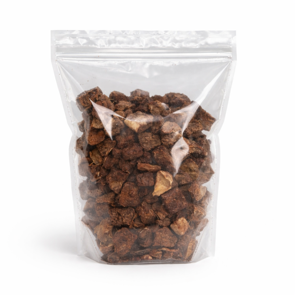 Clear resealable pouch filled with dehydrated lamb lung dog treats made from 100% single-ingredient free-range lamb, high-protein and low-fat natural dog training treats with no additives or preservatives.