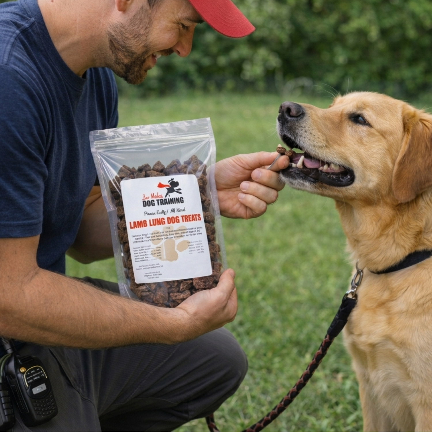 Dog trainer rewarding a dog with single-ingredient lamb lung dog treats during training, using high-protein dehydrated treats as a positive reinforcement reward.