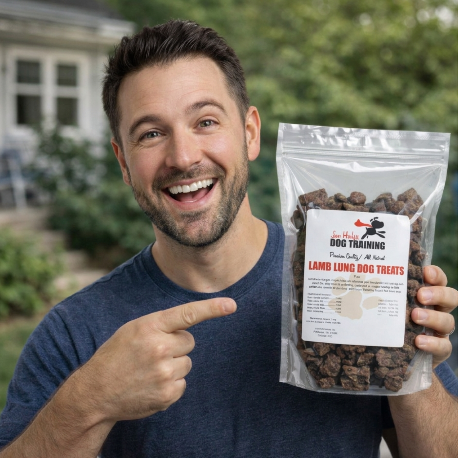 Happy male customer holding a resealable bag of single-ingredient lamb lung dog treats, showing high-protein dehydrated training treats for dogs outdoors.