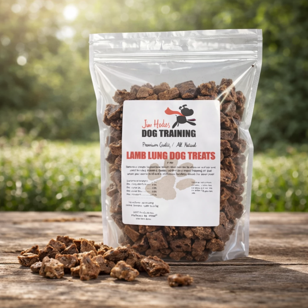 Single-ingredient lamb lung dog treats in a resealable 7oz bag, 100% natural dehydrated lamb lung, high-protein low-fat dog training treats made in the USA