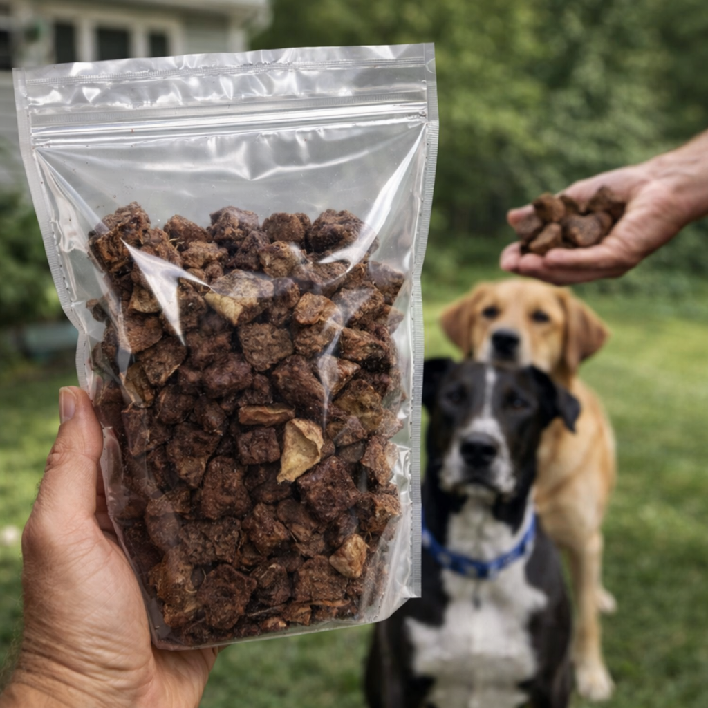 Hand holding a clear resealable bag of dehydrated lamb lung dog treats while two dogs sit attentively outdoors receiving single-ingredient, high-protein lamb training treats as a reward.