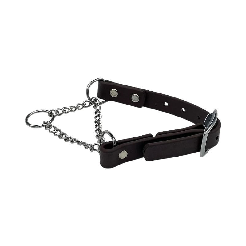 Brown Martingale Collar for Dogs – adjustable, durable collar with stainless steel chain and buckle, designed for effective and gentle dog training.