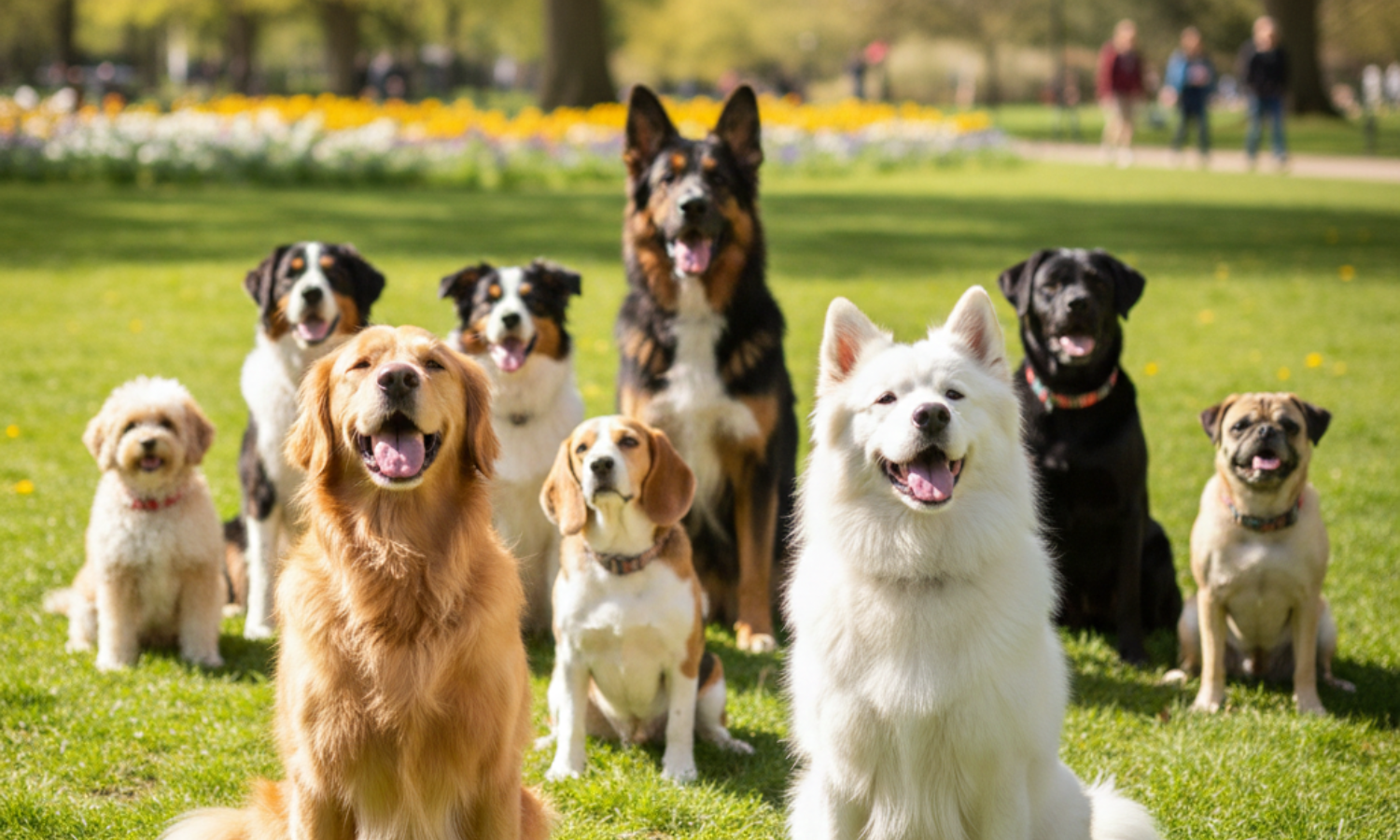 Group of dogs of different breeds and sizes sitting outdoors in a park, representing natural dog treats suitable for dogs of all sizes