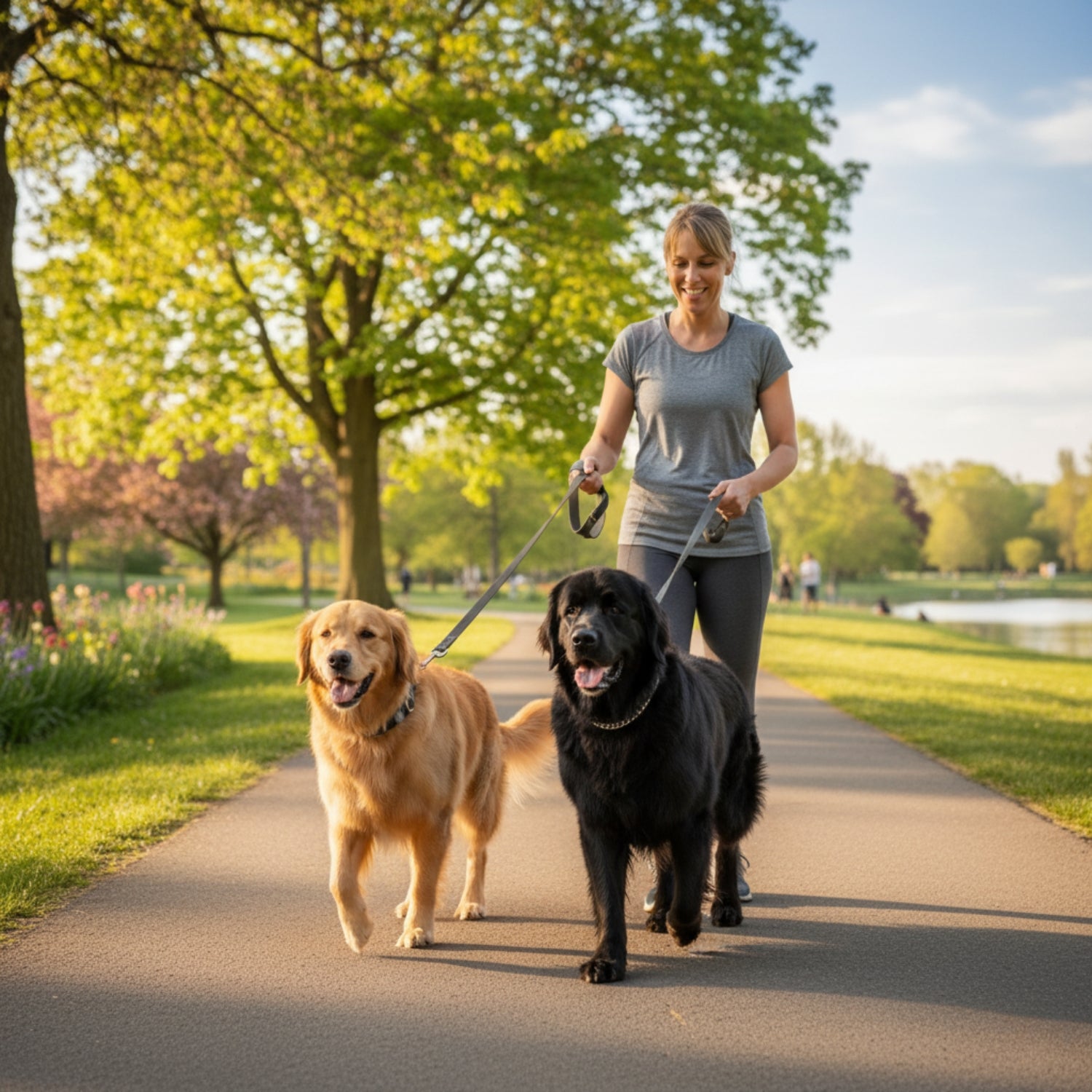 Golden retriever on a sturdy dog leash being walked by its owner in a green park.