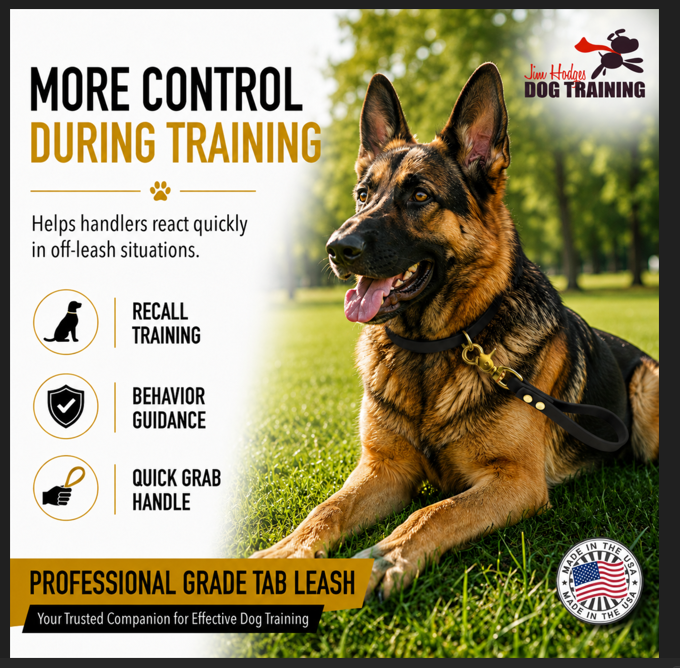 Professional grade Biothane dog training tab leash for recall training, behavior guidance, and off-leash dog control. Durable waterproof black training tab with brass hardware shown on German Shepherd dog outdoors. Made in USA K9 training leash designed for quick grab handling, obedience training, behavior modification, and professional dog training applications.
