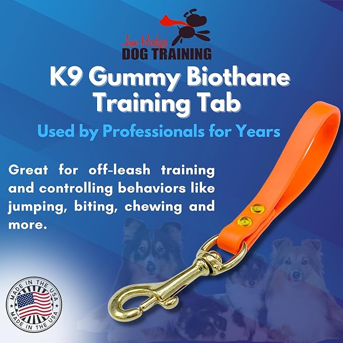 K9 Gummy Biothane Pull Tab for dog training and behavior control, great for off-leash obedience and correcting jumping, biting, and chewing.