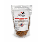 Whole chicken dog training treats made in the USA, single-ingredient dehydrated white and dark chicken meat in a clear resealable 8 oz bag