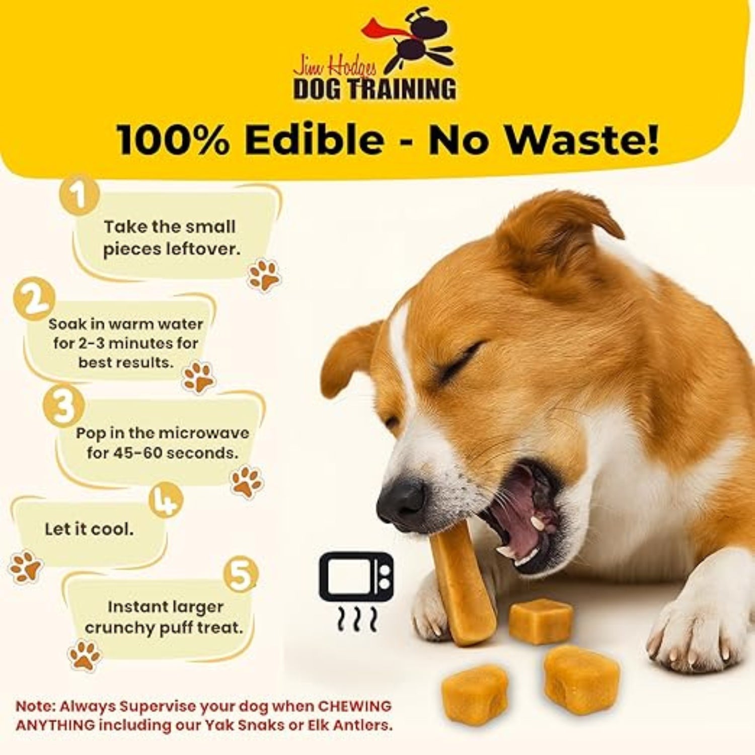 Yak Snak Himalayan Dog Chew 100% edible dog chew showing no-waste microwave puff instructions for turning leftover yak milk chew pieces into crunchy dog treats.