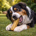 Australian Shepherd chewing Yak Snak Himalayan Dog Chew outdoors, natural long-lasting dog chew by Jim Hodges Dog Training Inc