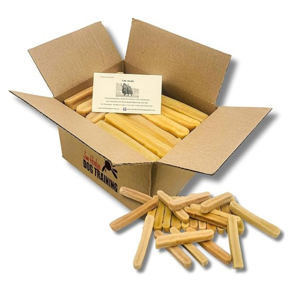 Yak Snak Himalayan Dog Chew bulk box multi-pack of natural yak milk dog chews, long-lasting grain-free and gluten-free chew treats for dogs.