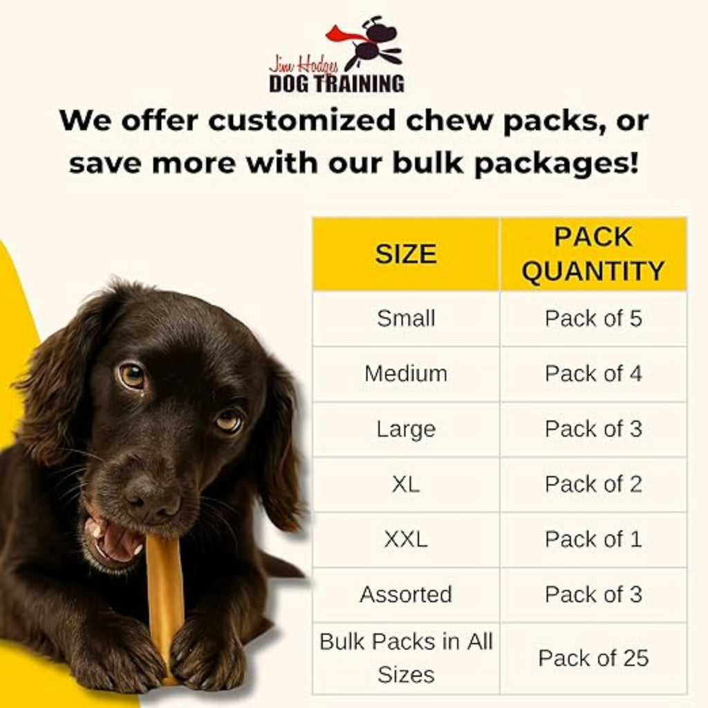 Yak Snak Himalayan Dog Chew custom pack sizes and bulk pack options showing small, medium, large, XL, XXL, assorted, and bulk quantity dog chew packs.