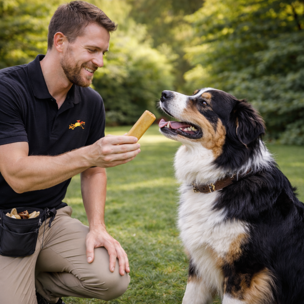 Dog trainer offering Yak Snak Himalayan Dog Chew to an Australian Shepherd outdoors, natural dog chew by Jim Hodges Dog Training Inc