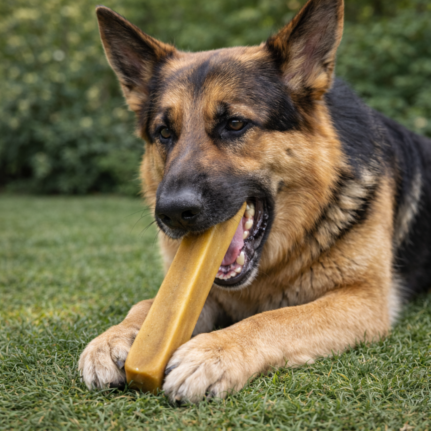 German Shepherd chewing Yak Snak Himalayan Dog Chew outdoors, natural long-lasting dog chew by Jim Hodges Dog Training Inc