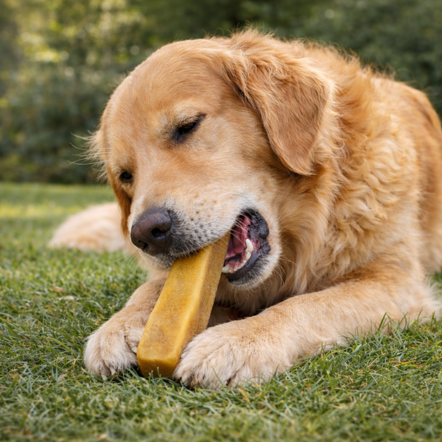 Golden Retriever chewing Yak Snak Himalayan Dog Chew outdoors, natural long-lasting dog chew by Jim Hodges Dog Training Inc