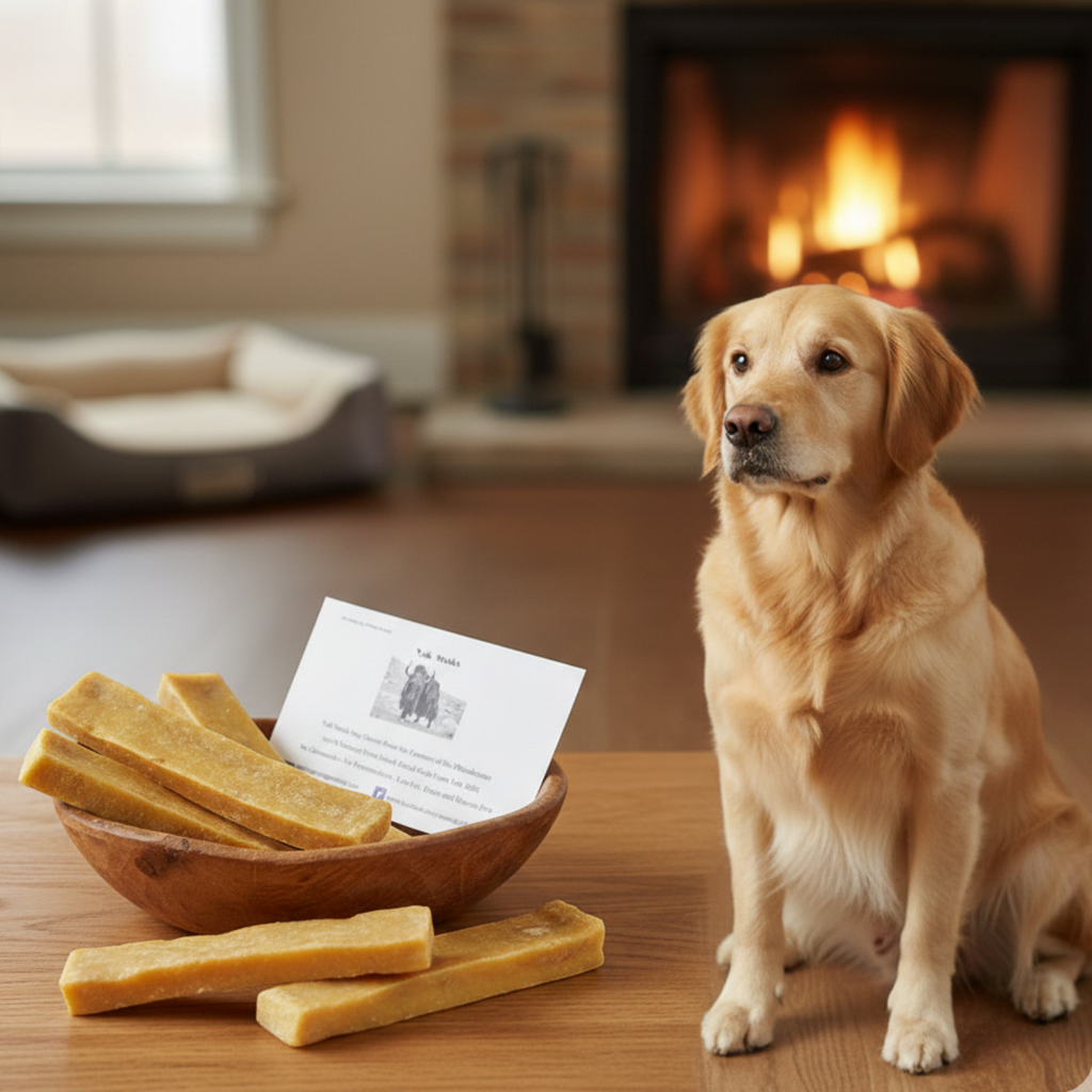 Golden Retriever sitting indoors near Yak Snak Himalayan Dog Chew treats, natural dog chew by Jim Hodges Dog Training Inc