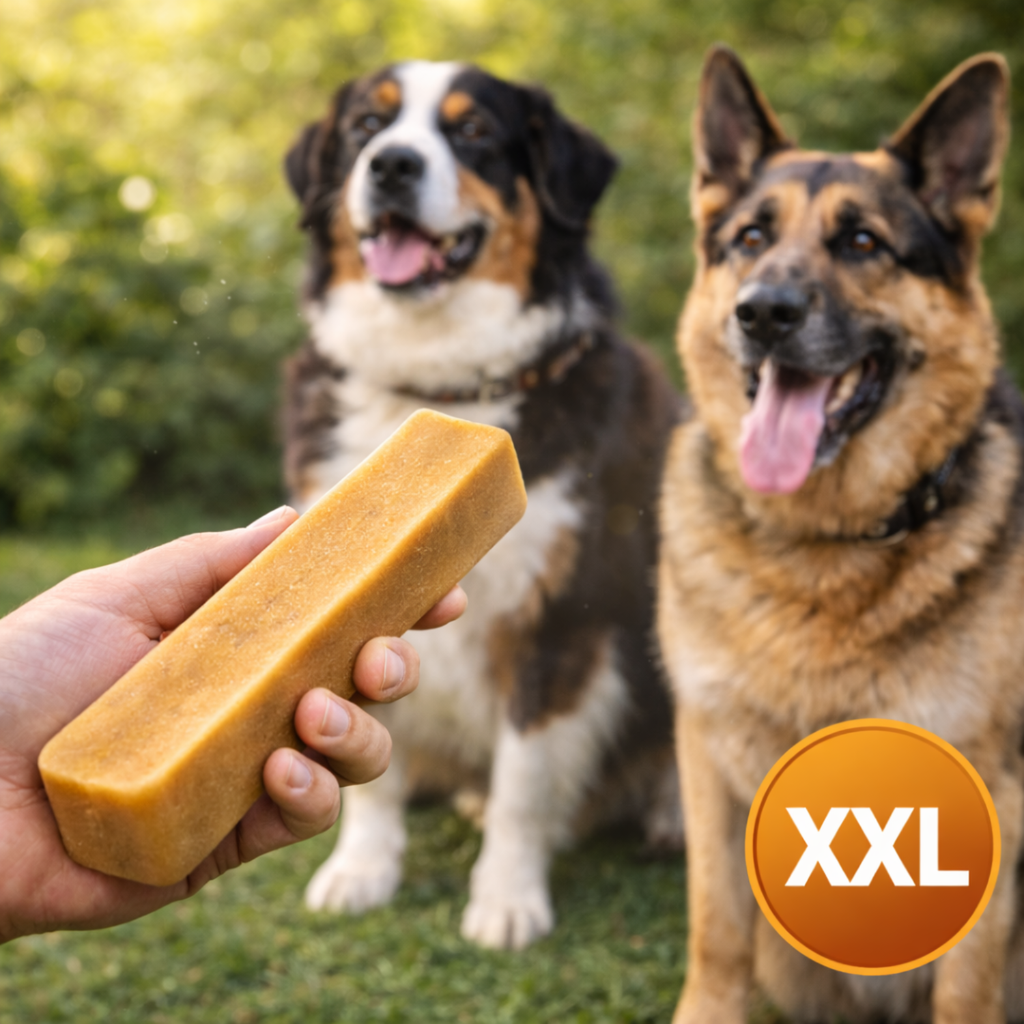 Hand offering Yak Snak Himalayan Dog Chew to two dogs outdoors, natural dog chew by Jim Hodges Dog Training Inc