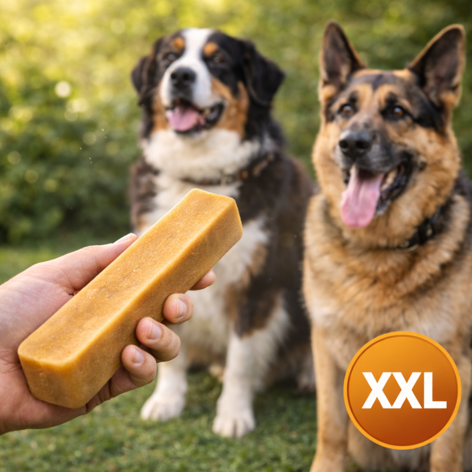 Hand offering Yak Snak Himalayan Dog Chew to two dogs outdoors, natural dog chew by Jim Hodges Dog Training Inc