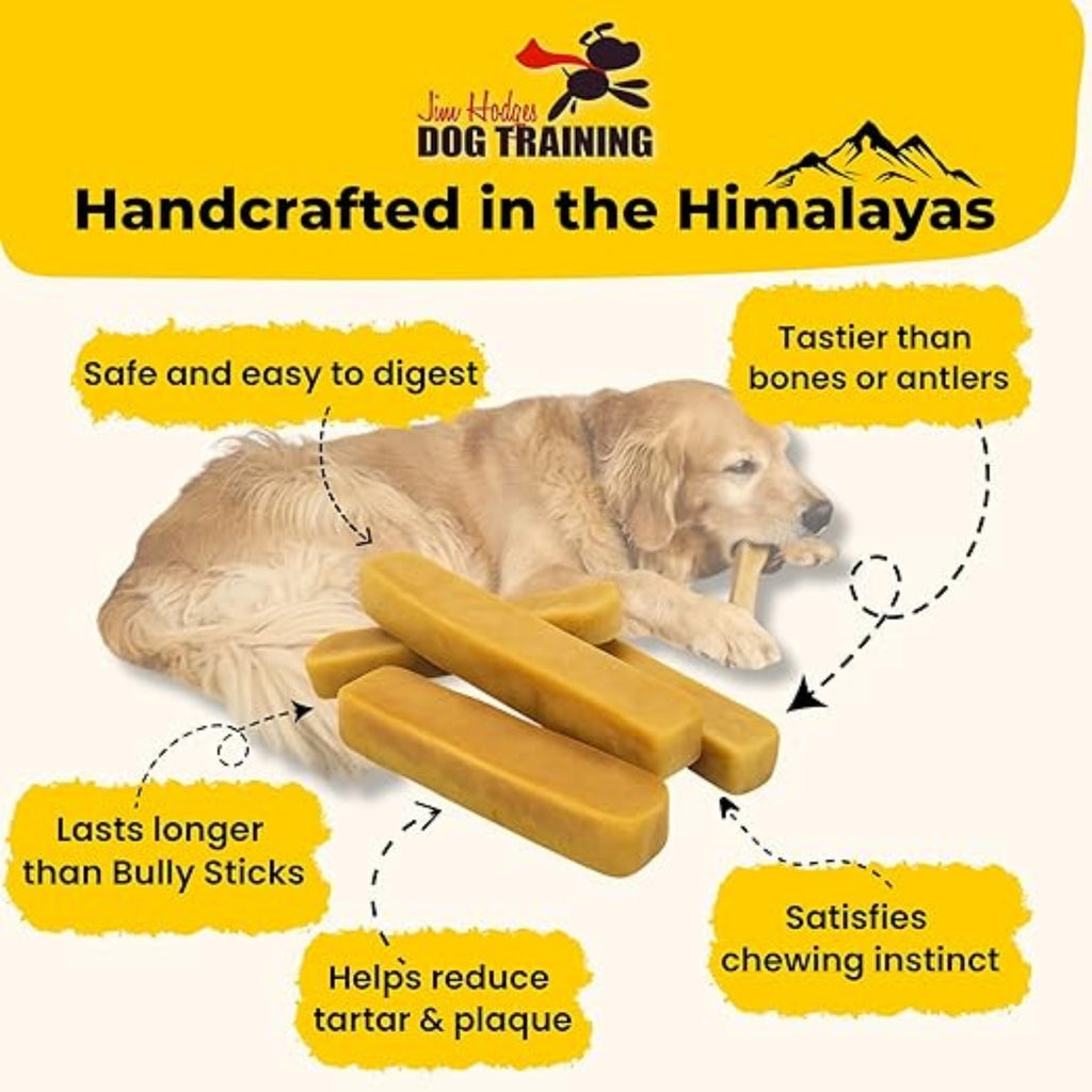 Yak Snak Himalayan Dog Chew infographic showing handcrafted Himalayan yak milk dog chews with benefits: easy to digest, long-lasting, supports tartar and plaque reduction, satisfies chewing instinct.