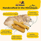 Yak Snak Himalayan Dog Chew infographic showing handcrafted Himalayan yak milk dog chews with benefits: easy to digest, long-lasting, supports tartar and plaque reduction, satisfies chewing instinct.