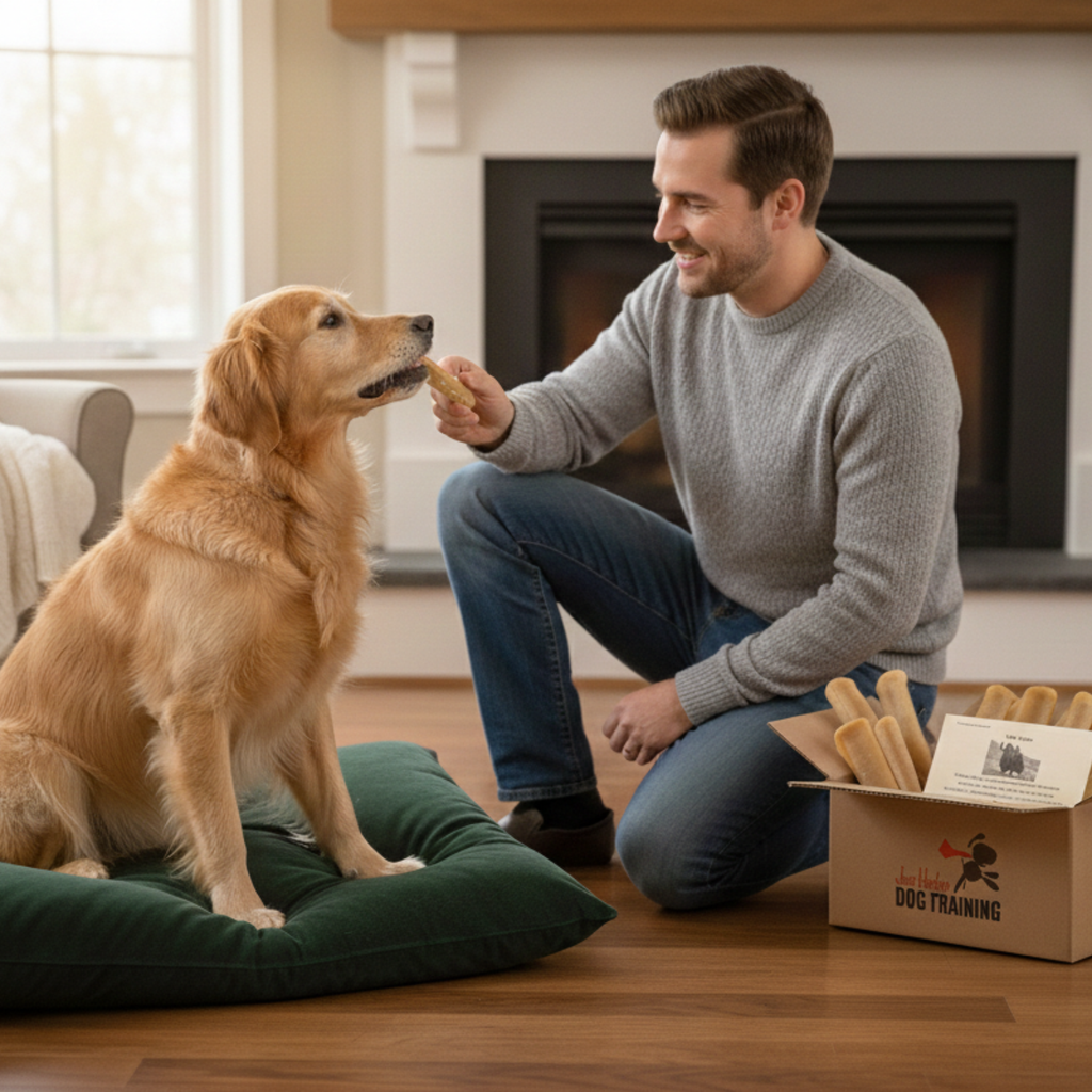 Man offering Yak Snak Himalayan Dog Chew to a Golden Retriever indoors, natural dog chew by Jim Hodges Dog Training Inc