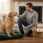 Man offering Yak Snak Himalayan Dog Chew to a Golden Retriever indoors, natural dog chew by Jim Hodges Dog Training Inc