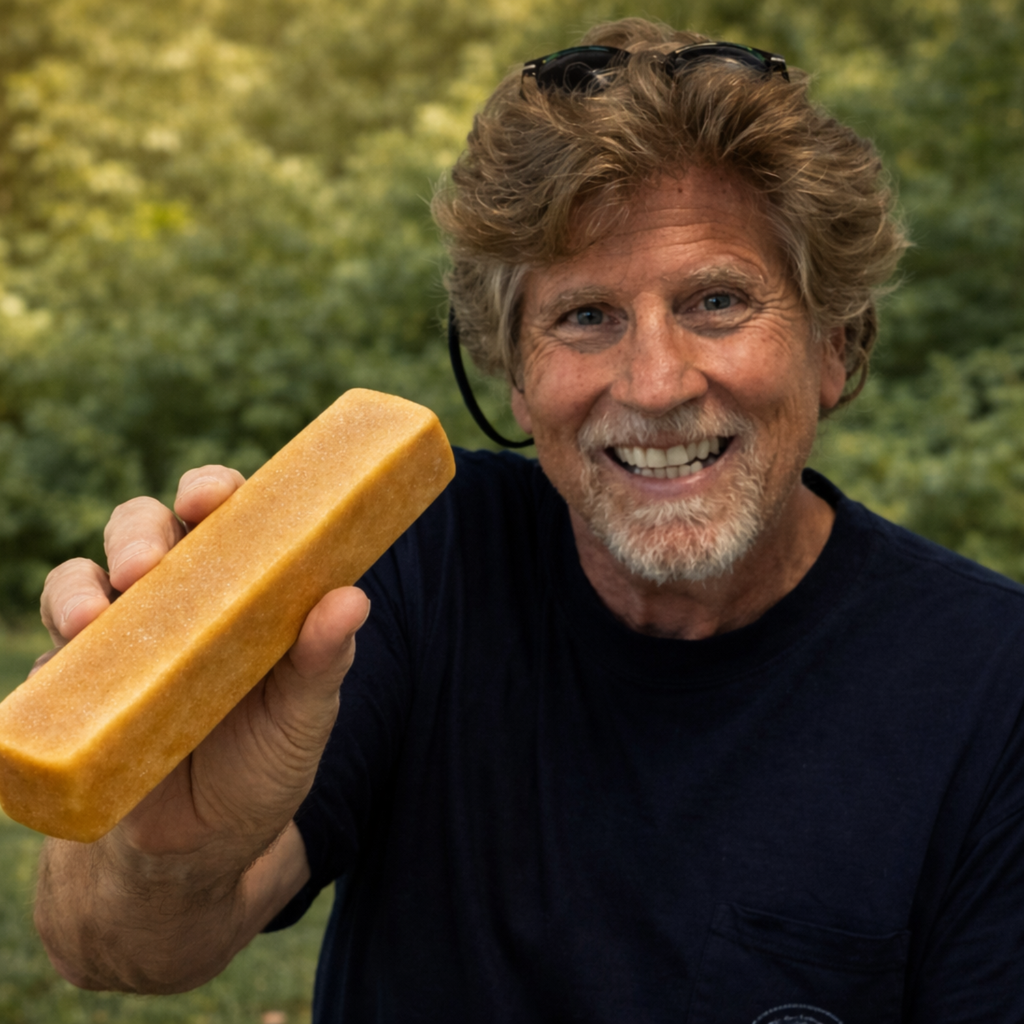 Man holding Yak Snak Himalayan Dog Chew outdoors, natural dog chew by Jim Hodges Dog Training Inc