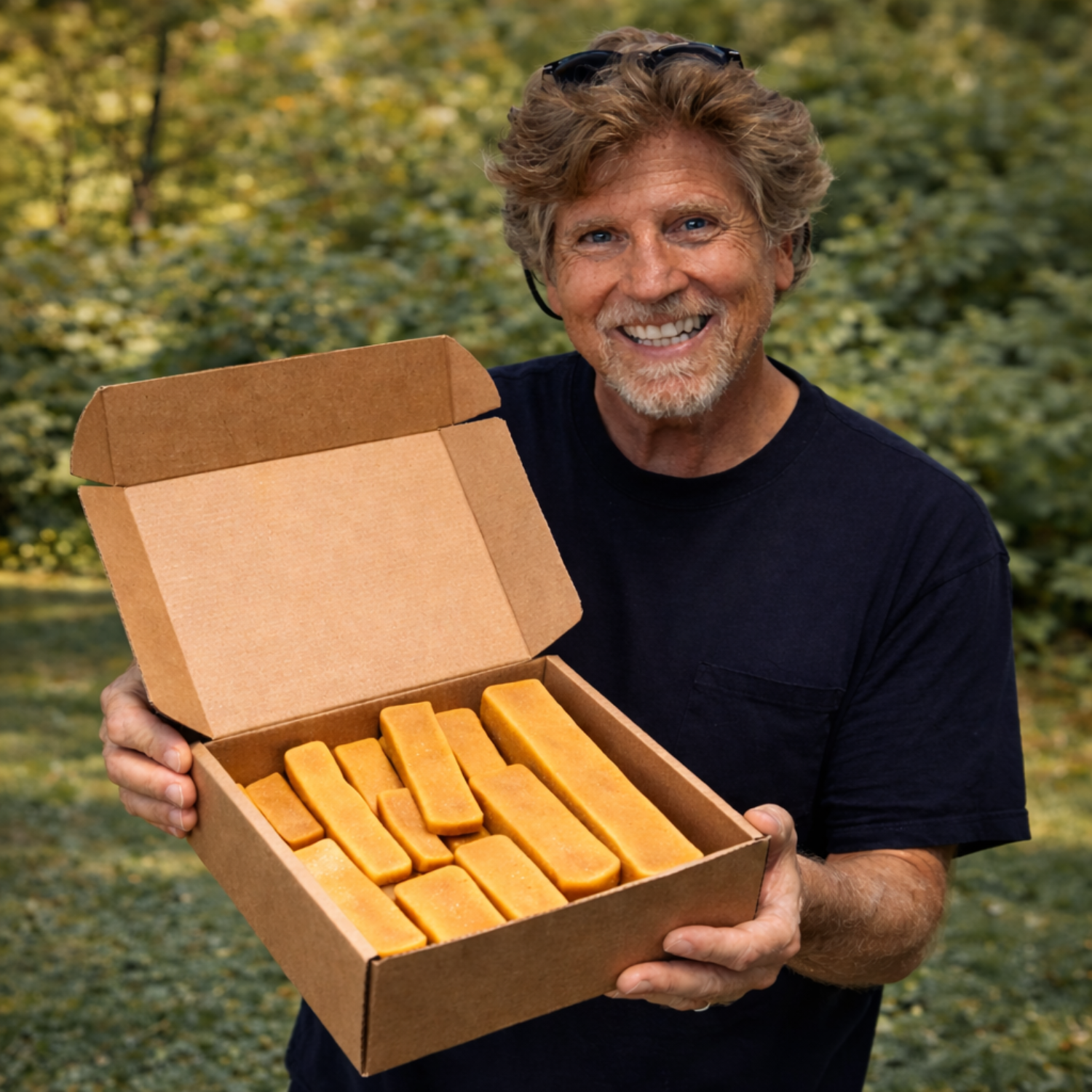Man holding open box of Yak Snak Himalayan Dog Chew outdoors, natural dog chew by Jim Hodges Dog Training Inc