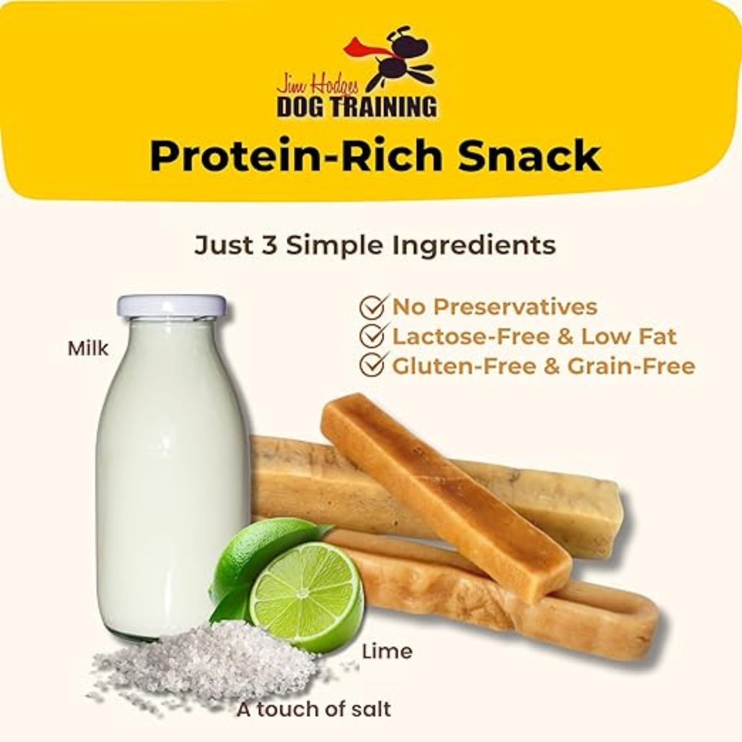 Yak Snak Himalayan Dog Chew protein-rich snack made with yak milk, lime, and a touch of salt, lactose-free, low fat, grain-free, and gluten-free dog chew.