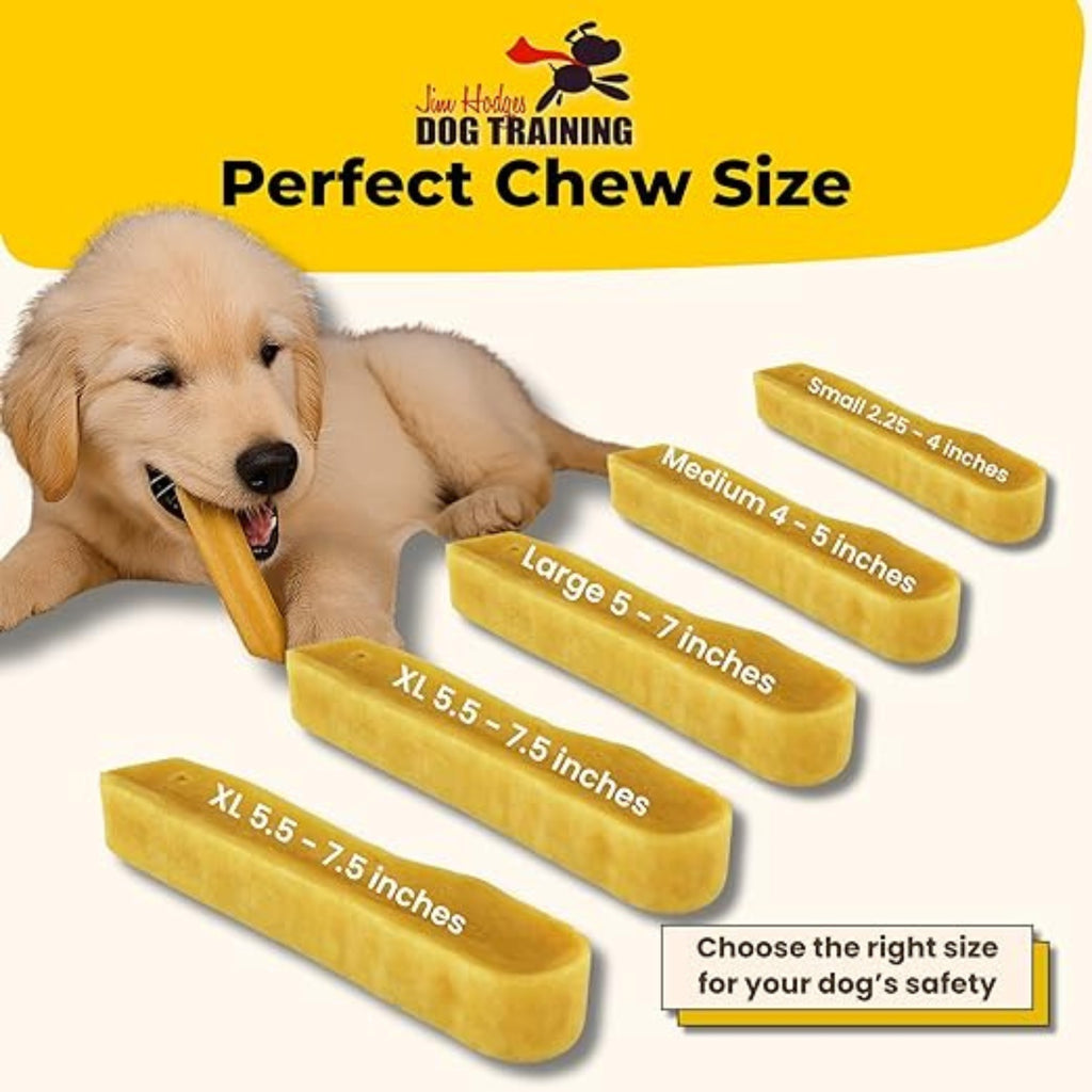 Yak Snak Himalayan Dog Chew size guide showing small, medium, large, and XL yak milk dog chews for safe chewing based on dog size.