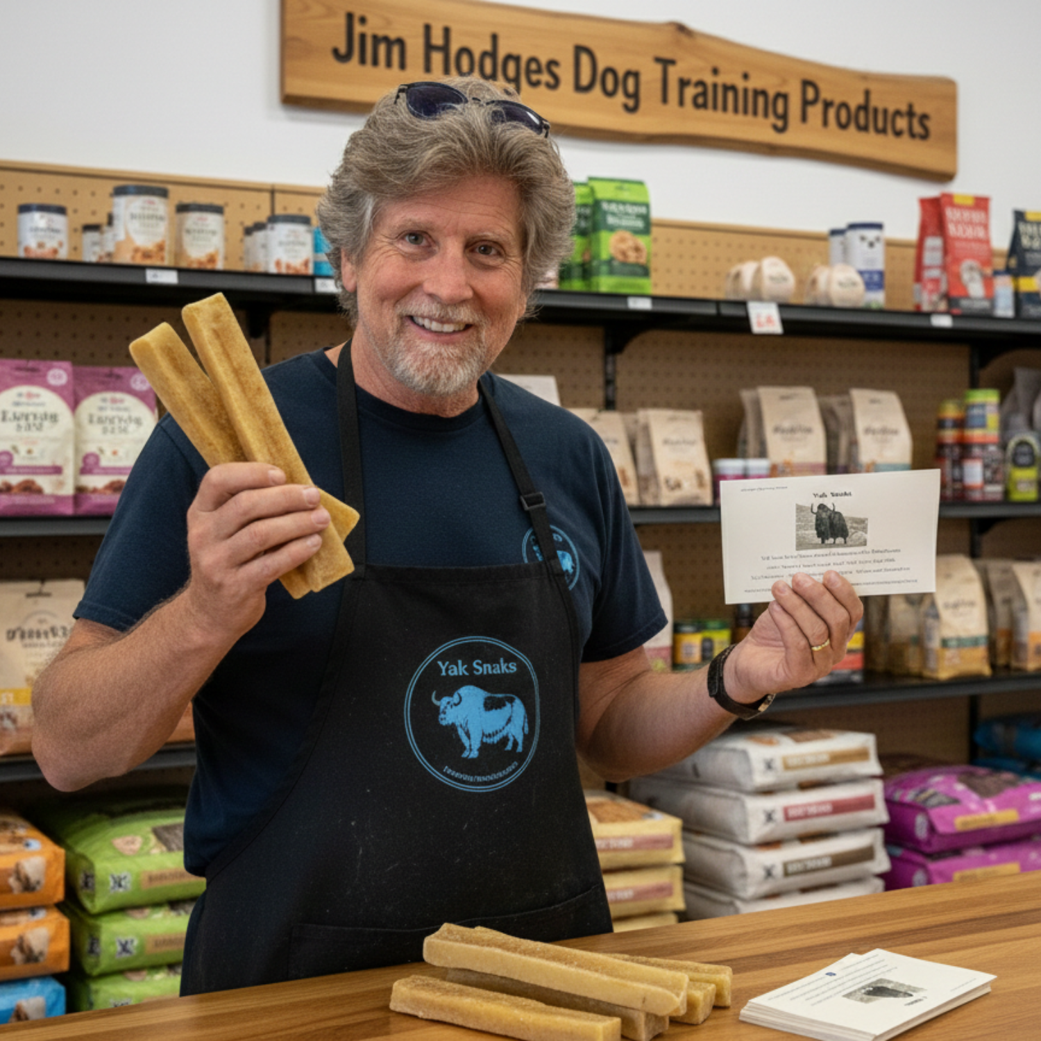Man displaying Yak Snak Himalayan Dog Chew inside Jim Hodges Dog Training Inc store, natural dog chew product