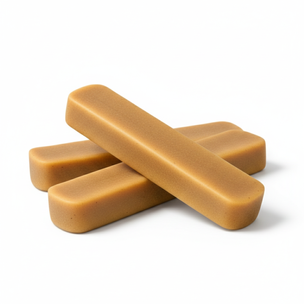 Yak Snak Himalayan Dog Chew XL size, two-piece set of rectangular dog chews stacked in a crossed arrangement on a white background, by Jim Hodges Dog Training Inc.