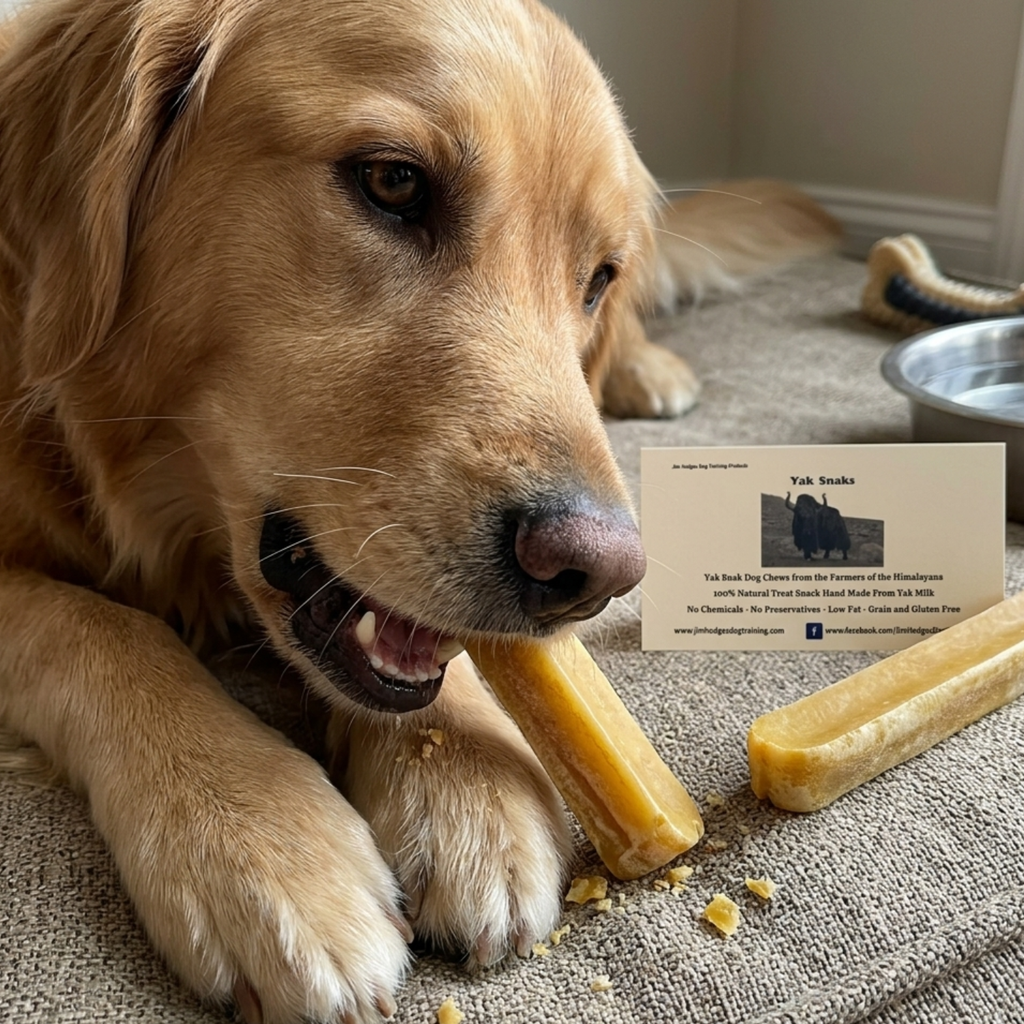 Golden Retriever dog chewing Yak Snak Himalayan Dog Chew XXL made from natural yak and cow milk, long-lasting edible dog chew for dental health